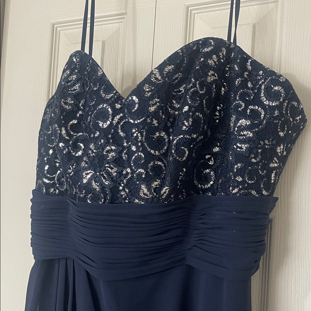SORELLA VITA Navy Metallic Lace Strapless Evening Gown